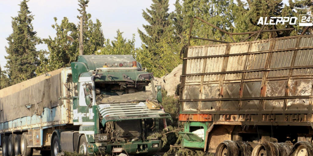 Zerstörte Lastwagen mit Hilfsgütern bei Aleppo. Der UNO-Hilfskonvoi wurde am Montag mit Luftschlägen angegriffen. (Bild der syrischen Antiregierungs-Organisation Aleppo 24 news).