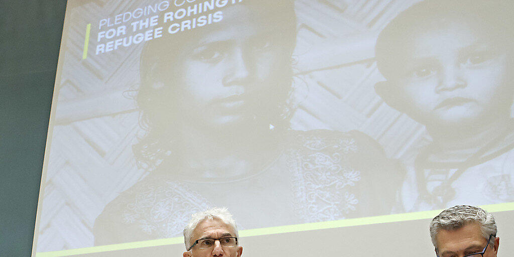 340 Millionen Dollar haben die Staaten für die Rohingya-Flüchtlinge zugesagt. Für UNO-Nothilfekoordinator Lowcock (Mitte) handelt es sich nicht um eine isolierte Krise. "Das ist die jüngste Runde in einem jahrzehntelangen Zyklus von Verfolgung, Gewalt und Vertreibung", sagte er.