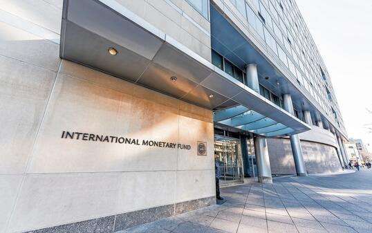 IMF entrance with sign of International Monetary Fund, concrete architecture building wall security guard doors