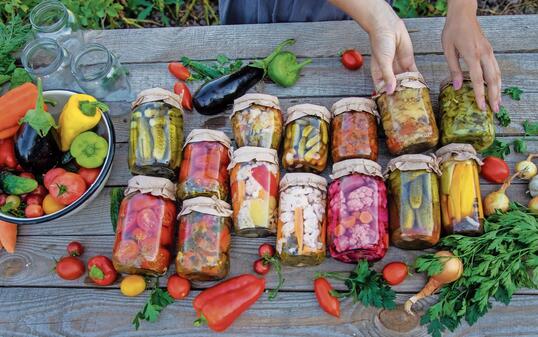 Woman canning vegetables in jars on the background of nature. preparations for the winter