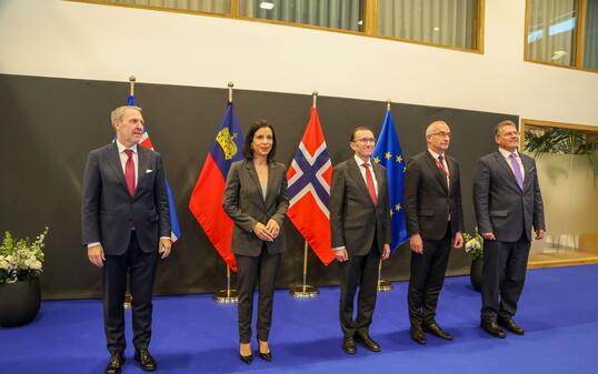 EWR-Rat in Brüssel Mit: Kristján Andri Stefánsson (Botschafter Island), Dominique Hasler (Aussenministerin Liechtenstein), Espen Barth Eide (Aussenminister Norwegen), Péter Sztáray (Staatssekretär Ungarn) und Maroš Šefčovič (Vizepräsident der Europäischen Kommission).