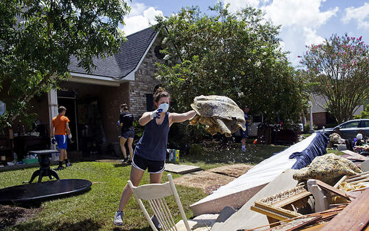 Helfer räumen ein Haus in Baton Rouge aus, das bei den Überschwemmungen beschädigt wurde. US-Präsident Obama wird am Dienstag in den Flutgebieten erwartet.